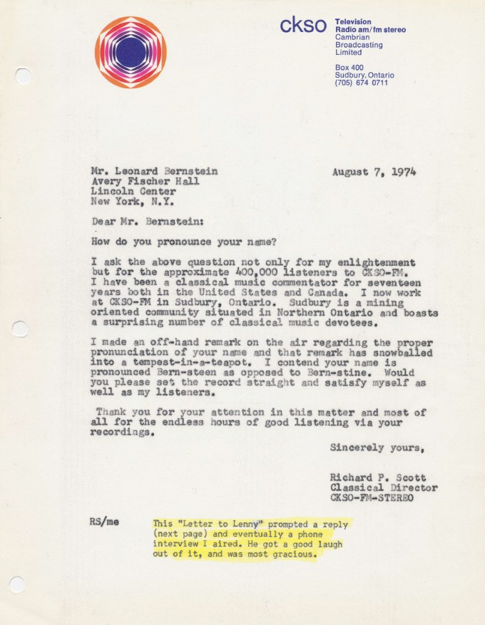 Letter to Leonard Bernstein